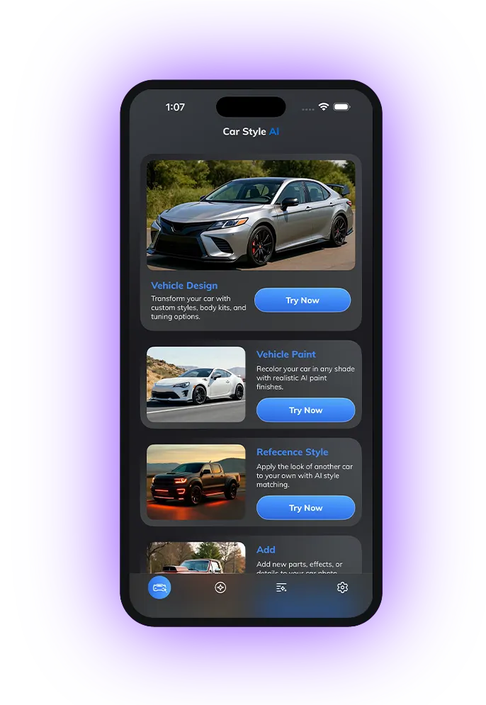Car Style AI app screen restyling a sports car